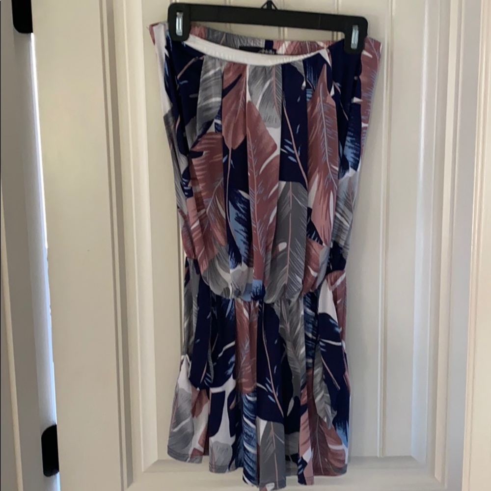 Strapless Romper. Feather detail in mauve and navy